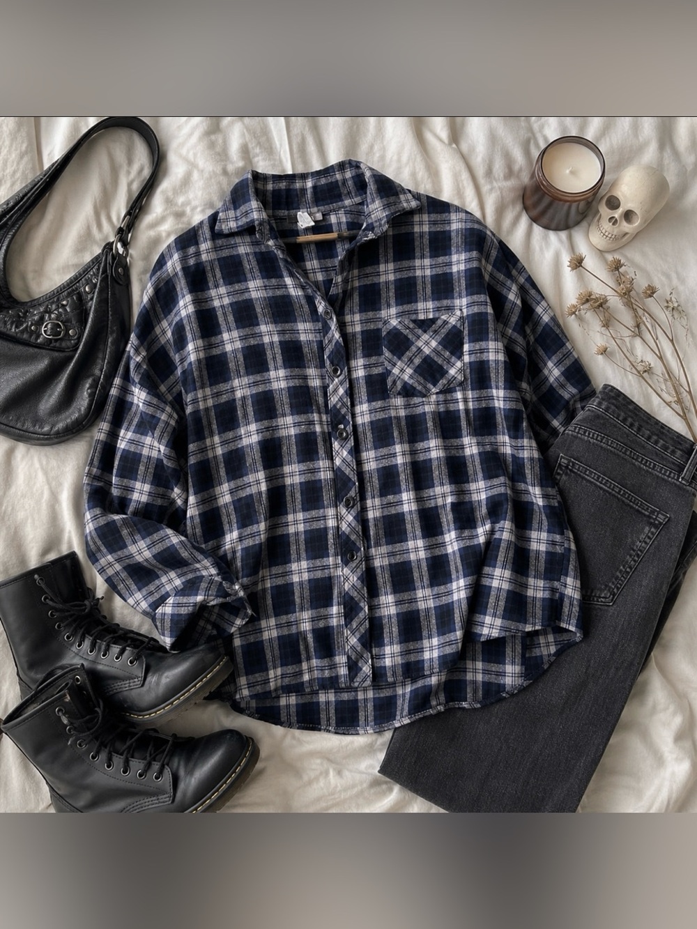 Libian Navy and White Plaid Button-Up Shirt XL